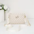 Womens monogram crossbody bag with chic metallic logo and adjustable strap for daily use. - White