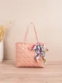 Pink quilted tote bag with elegant printed silk scarf detail for everyday fashion use - Pink