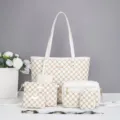 Detailed view of white monogram tote bag set with multiple matching pouches and scarf. - Six Items (SSP-209) / White