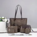 Stylish brown geometric pattern tote bag six-piece set, large capacity casual handbag. - Six Items (SSP-209) / Coffee