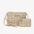 Elegant tweed crossbody bag set with chic metallic hardware and detachable wrist strap. - Two-Piece Set / Khaki
