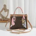 Elegant monogram tote bag with chic silk scarf, versatile shoulder and crossbody design for women. - Apricot