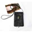 Borsa a tracolla per telefono in pelle goffrata nera con serratura in metallo retrò e cinghia - Nero