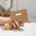 Women short wallet cute heart debossed coin purse with fluffy pom pom charm chic fashion bag - Khaki