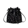 Black sequin bucket bag with drawstring closure and stylish long shoulder strap design. - Black