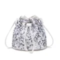 Fashionable silver sequin bucket bag with white drawstring, chic crossbody shoulder bag. - White