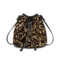Black sequin bucket bag chic glitter shoulder handbag fashion stylish drawstring purse - Black & Gold