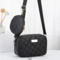 Black quilted crossbody bag with removable small pouch, chic womens shoulder bag. - Black