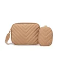 Sac bandoulière matelassé beige avec motif chevron et petite pochette, élégant sac en PU. - Abricot