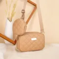 Beige quilted crossbody camera bag with round coin purse, stylish women shoulder bag. - Apricot