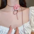 Pink fabric rose choker necklace, dark red cord sweet cool style clavicle chain for women. - Pink Flower (26#)