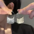 Silver tassel hoop earrings for women, elegant sparkling diamond fringe dangle jewelry. - C-Shape Tassel (7#) / Silver