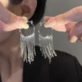 Silver rhinestone tassel hoop earrings for women, sparkling geometric dangle ear jewelry. - Chain Tassel (8#) / Silver