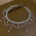 Silver rhinestone layered tassel choker necklace with sparkling teardrop pendant for women - Silver Necklace (178#)