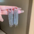 Pink Heart Rhinestone Tassel Earrings Silver Needle Long Dangling Fashion Jewelry for Women - Pink - Heart Tassel