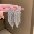 Stunning colorful rhinestone fringe drop earrings with pearl, elegant long tassel design for women - White - U-Shape Tassel