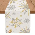 Close up view of the winter snowflake table runner detail on wood table, festive holiday decor. - Off-white Base Snowflake Pattern