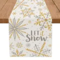 Christmas table runner with golden grey snowflakes and Let It Snow text for holiday home decor. - Snowflake and Letter Print Style