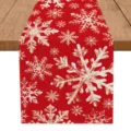 Festive red Christmas table runner with white snowflake pattern for holiday party home decor - Red Base White Snowflake Style