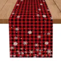 Christmas buffalo plaid table runner with white snowflake print for holiday home decor - Red Black Plaid Snowflake Border Style