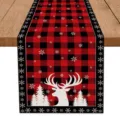 Christmas red black buffalo plaid table runner with cute deer and snowflake prints for holiday. - Red Black Plaid Reindeer and Trees Pattern