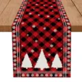 Christmas table runner red black buffalo plaid snowflake holiday dining table decoration - Red Black Plaid Christmas Tree Pattern
