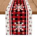 Christmas buffalo plaid table runner with white snowflake pattern for holiday party decor detail view - Red Black Plaid Snowflake Pattern