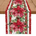 Christmas table runner festive poinsettia pine cone snowflake linen table decor detail - Christmas Poinsettia Pattern / 33x200cm