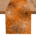 Halloween spider web pattern table runner detail shot, orange decorative fabric mat for dining table. - Orange Base White Spider Web (Halloween K)