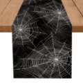 Halloween spider web table runner detail view, spooky black and white holiday home decor. - Black Base White Spider Web (Halloween J)
