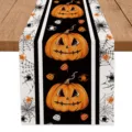 Halloween pumpkin spider web table runner, spooky holiday dining table decoration detail view. - 33x200cm / Pumpkin Spider Print (Halloween I)