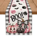 Halloween table runner with pink black pumpkin and ghost print for festive dining decor. - Pink Black Pumpkin Ghost (Halloween G)