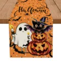 Halloween table runner festive ghost pumpkin black cat print table decor dining linen mat - Orange Ghost Black Cat (Halloween D)