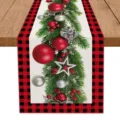 Kerst tafelloper met rood zwarte ruitrand dennentak kerstbal print voor feestelijke decoratie - 33x200cm / Halloween B