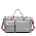 Large capacity gym duffel bag with shoe compartment, grey oxford travel bag for sports and trips. - Grey with Pink