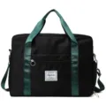 Black travel duffel bag with green straps, spacious capacity for fitness sports daily use. - Black