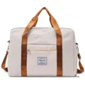 Large capacity travel duffel bag in beige with brown straps, stylish and practical for gym. - Off White