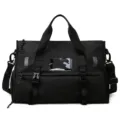 Black waterproof gym duffel bag with shoe compartment and wet dry separation for travel. - Black