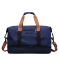 Borsa da viaggio blu con manici marroni, grande borsa sportiva per palestra, comodo borsone weekender. - Blu