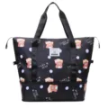 Große schwarze Reisetasche mit süßem Cartoon-Bären-Muster und strapazierfähigem Oxford-Gewebe. - Erweiterbare Version / Kleiner Bär Schwarz