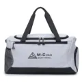 Grey large capacity sports duffel bag main view with handles and side mesh pocket. - Gray