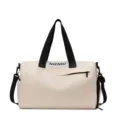 Beige oxford fitness duffel bag for women with separate shoe compartment and shoulder strap. - White