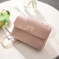 Pink mini chain crossbody shoulder bag for women, elegant faux leather square flap handbag. - Pink