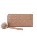 Pink quilted long zip wallet with metal studs, wristlet strap and fluffy pom-pom charm. - Khaki