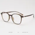 Detail view of TR90 lightweight round eyeglasses frame in transparent brown fashion design. - Brown Tea C4