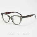 Detail view of retro cat-eye optical glasses frame with green and tortoiseshell temples. - Green Frame Tortoise Temples C6