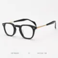Detailed view of Japanese vintage acetate optical glasses frame with slim metal temples. - Glossy Black & Matte Gold C1