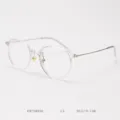 Detail shot of transparent round eyeglass frame, thin metal temples, modern minimalist style. - Transparent White C2