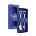 Stainless steel heart handle spoon and fork gift set packaged in a luxury blue star box. - Heart Spoon and Fork Set / 2-Piece Blue Box Set / Silver