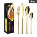 Set di posate da 4 pezzi in acciaio inossidabile dorato con lussuosa confezione nera. - Set da 4 pezzi / Scatola a Colori / Oro